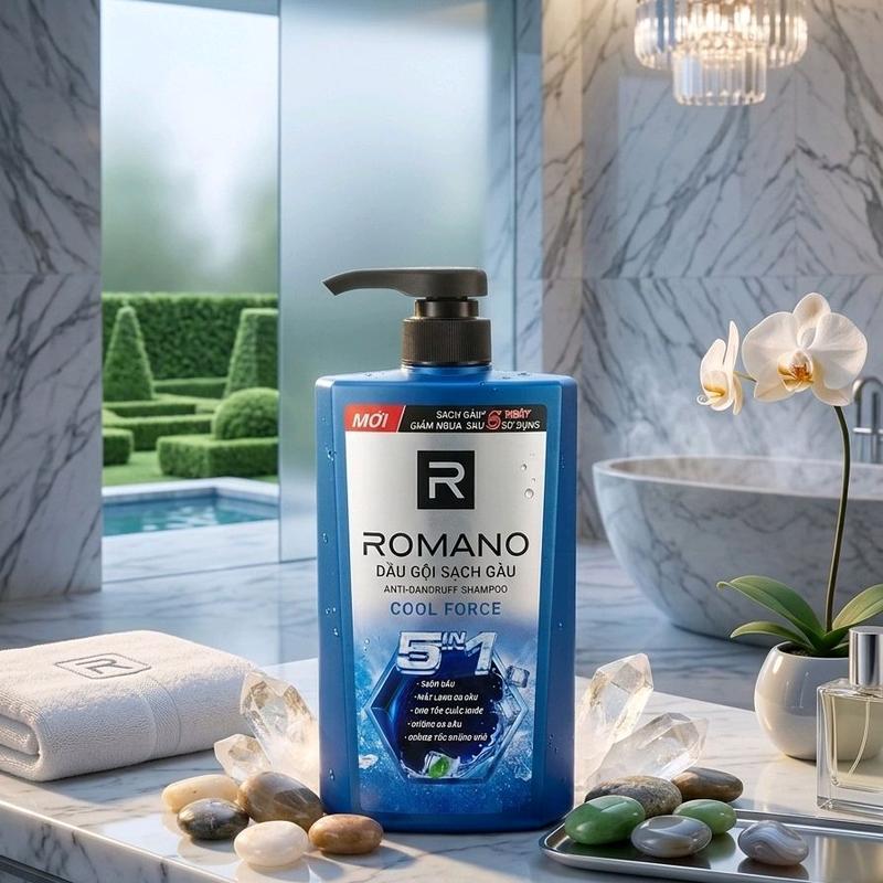 Dầu Gội Sạch Gàu Nam Romano Cool Force 5 in 1 610g– Sảng Khoái Mát Lạnh, Tóc Mượt Sạch Gàu