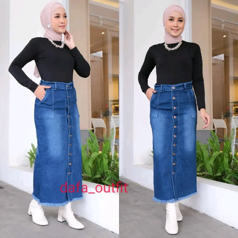 Rok Jeans Span Panjang Gisca Kancing Depan 2