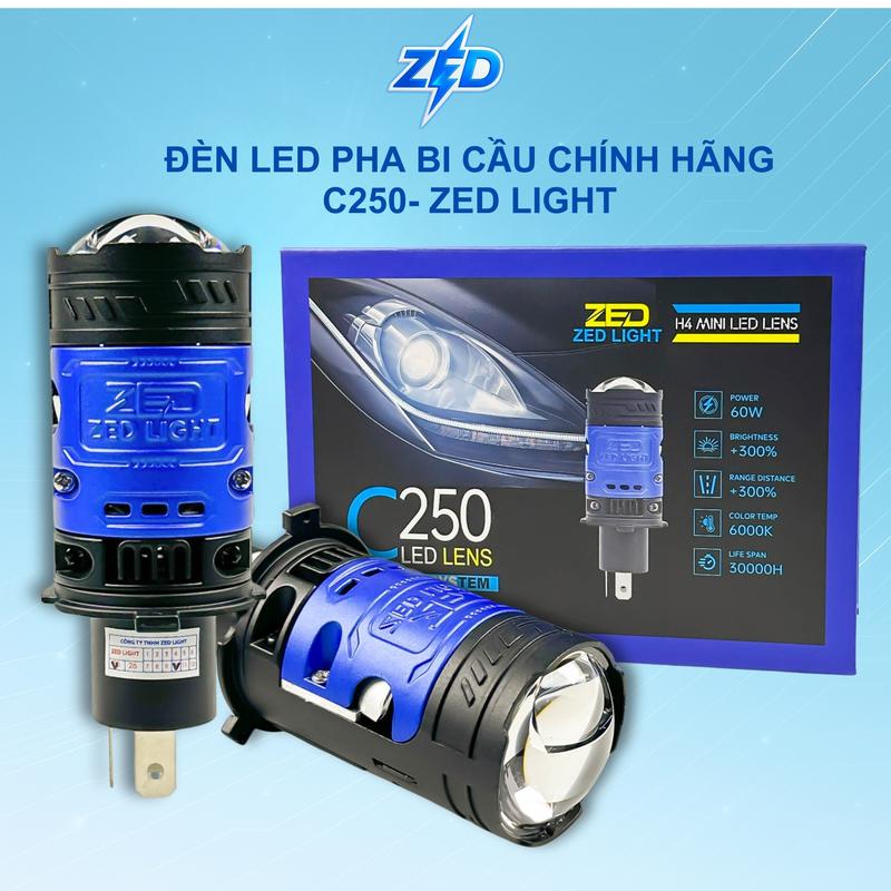 Đèn LED Pha Bi Cầu Mini C250 ZED LIGHT - 60W Siêu Sáng,Pha Màn Chập Kết Hợp Trợ Pha Laser Tâm Vàng Chiếu Xa Trên 150m Lắp Oto,Xe Máy