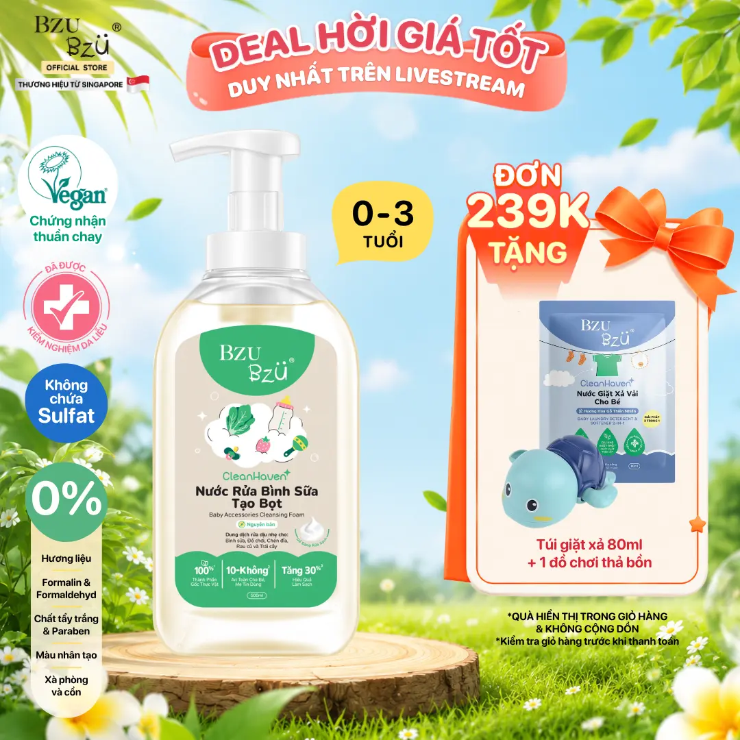 Nước Rửa Bình Sữa, Rau Củ Quả Và Đồ Dùng Em Bé Thuần Chay BZU BZU Baby Accessories Cleansing Foam CleanHaven Tạo Bọt, Thành Phần Thực Vật An Toàn Cho Bé