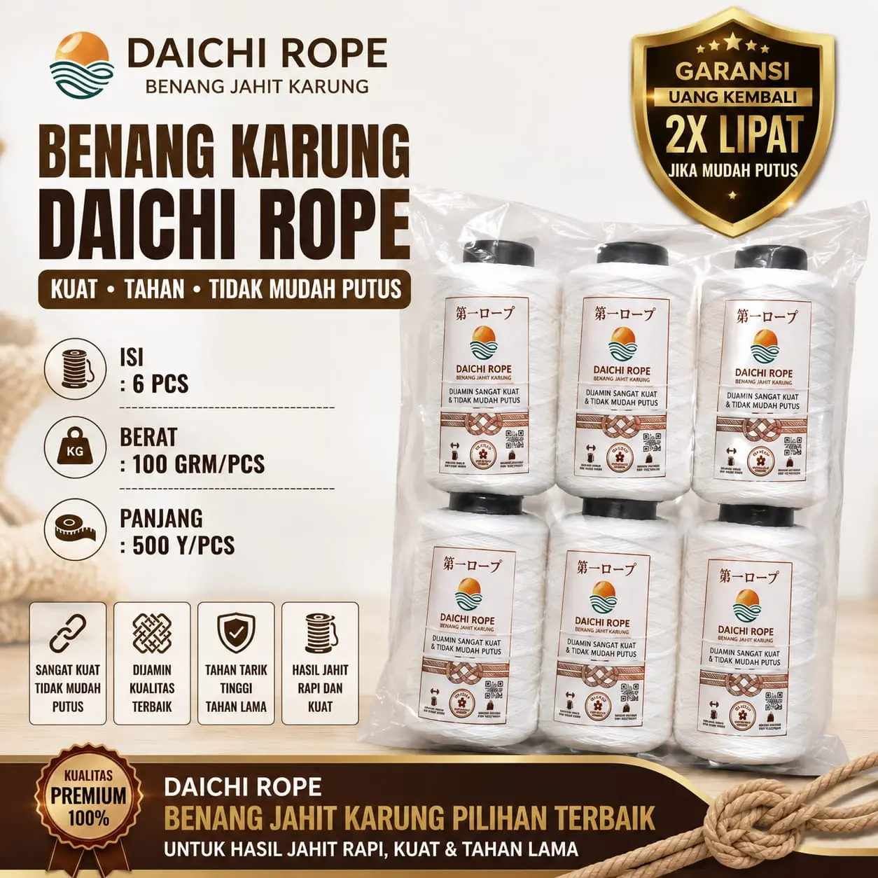 [GG] Benang Jahit Karung Cap Peacok 500 Yard – Isi 6 pcs – Benang Tebal Kuat Putih