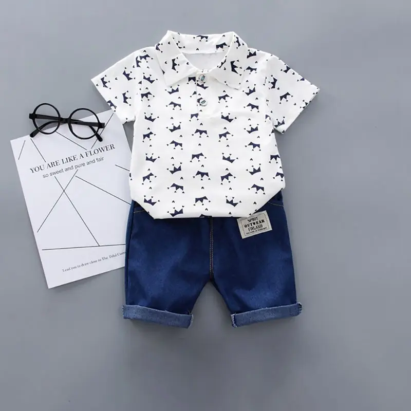 Sut Kapas Bayi Lelaki, 2pcs, Baju Atasan Blaus Lengan Pendek Lapel Kanak-kanak, Set Seluar Pendek, Pakaian Paterm Bunga Comel, Untuk Kanak-kanak Lelaki dan Kanak-kanak berumur 0-4 Tahun