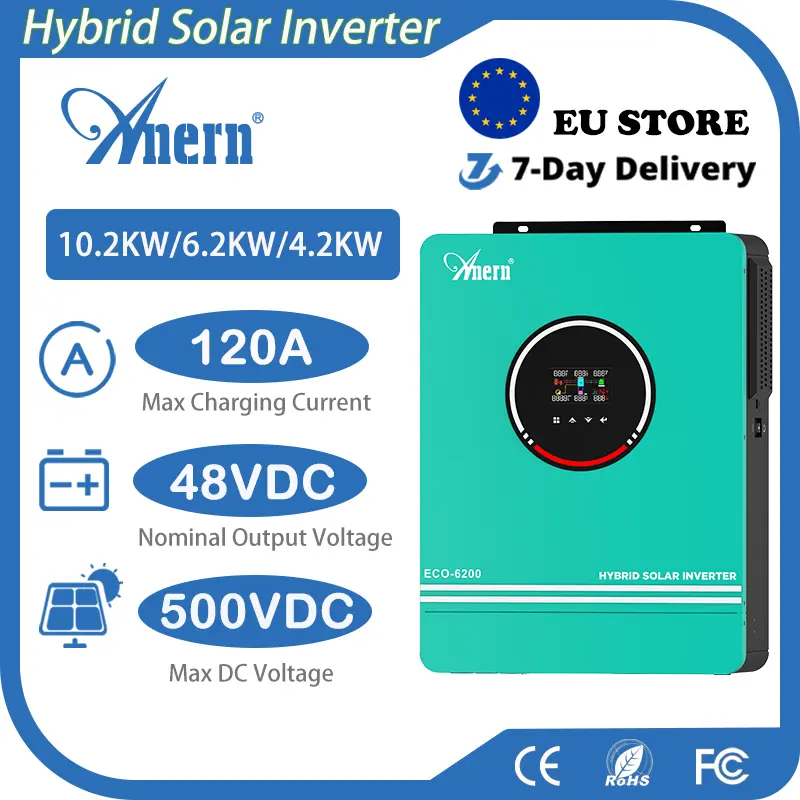 Anern Hybrid Solar Inverter 10.2KW 6.2KW 4.2KW 24/48V 220V With MPPT 140A Charger Controller Dual AC Output 6200W 4200W Inverter