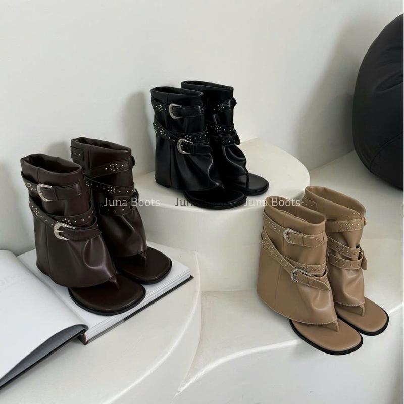 Giày Bốt Xương Cá Retro Xỏ Ngón cá tính - Boots nữ hở mũi phong cách mới kim loại thắt lưng thời trang Hottrend