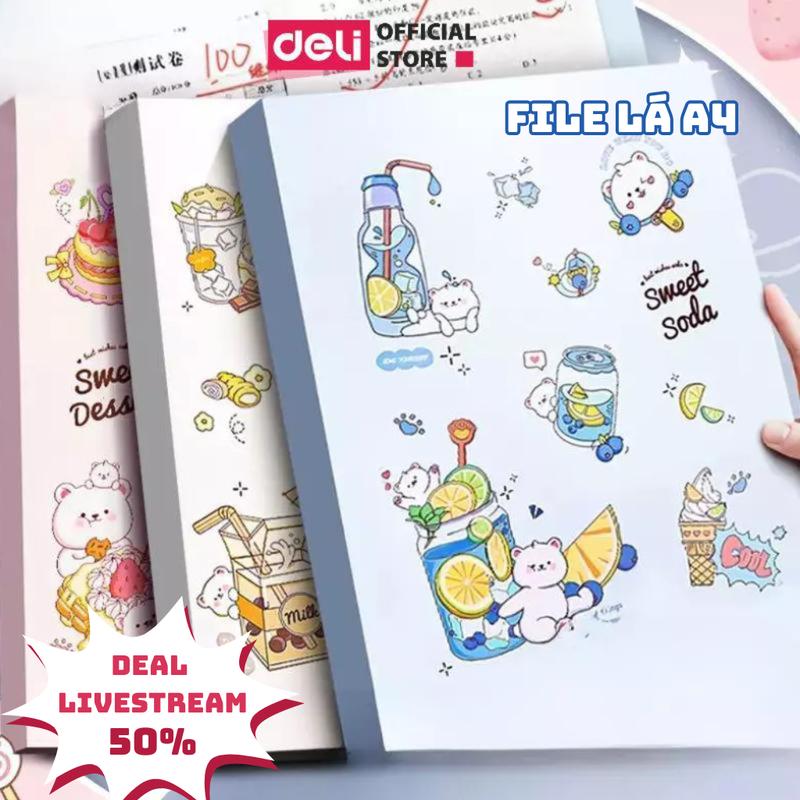  File lá A4 Deli màu pastel họa tiết cute - File lá đựng phiếu siêu âm tài liệu - Sổ đựng giấy khám thai lưu giấy tờ bảo quản lưu trữ - 30 40 lá - 1 chiếc 