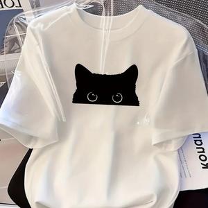 可愛い黒猫柄プリント婦人用半袖Tシャツ、丸首、ゆったり、純綿カジュアルトップス、丸首、ショルダーベルト、ゆったりシルエット、通気性、肩落ちデザインプリントTシャツ夏のゆったりタイプ