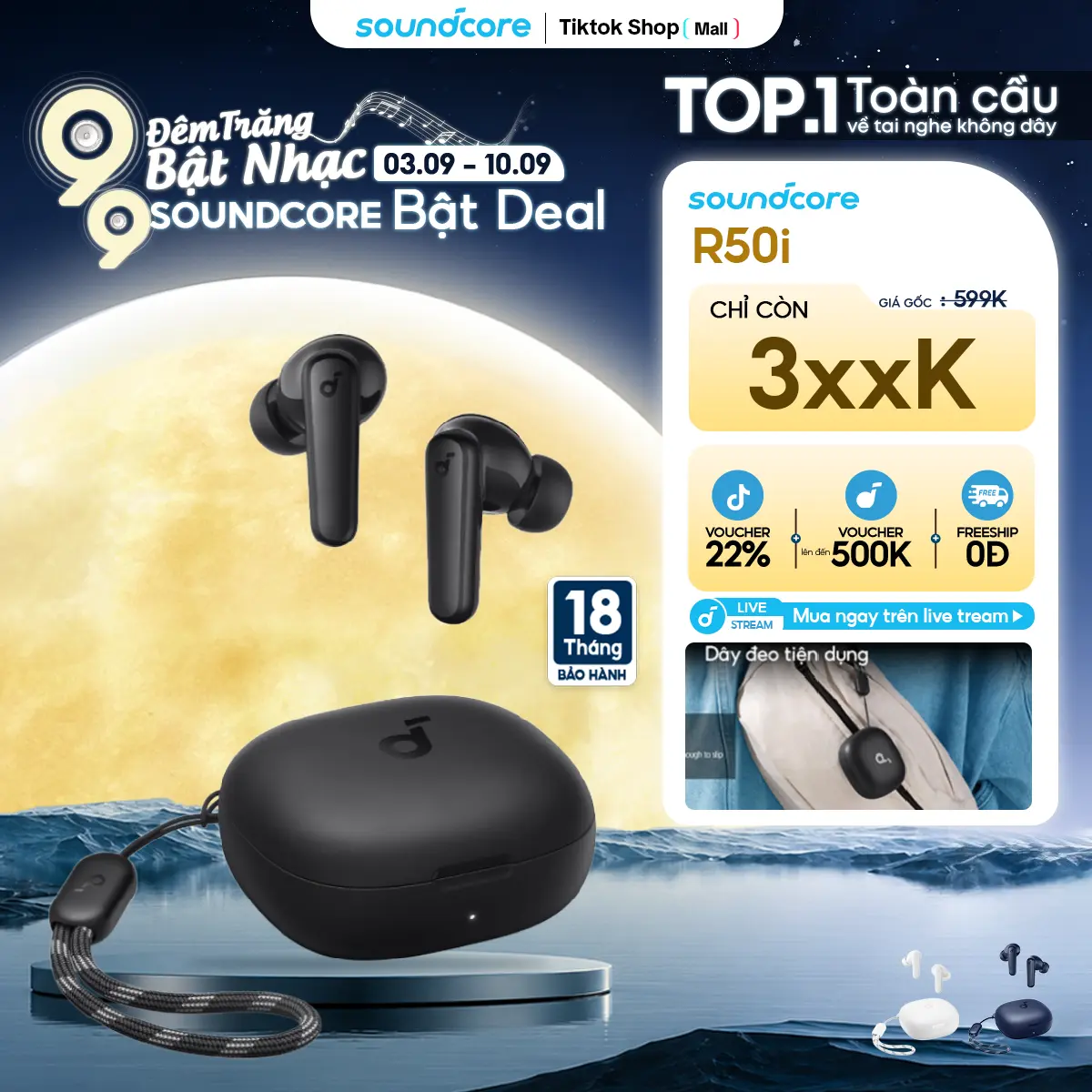 Tai nghe bluetooth Soundcore R50i (P20i) siêu nhỏ gọn | 30 giờ phát nhạc | Chống nước IPX5- Tai nghe không dây- Tai nghe bluetooth pin trâu-Bảo hành 18 tháng- Hàng chính hãng