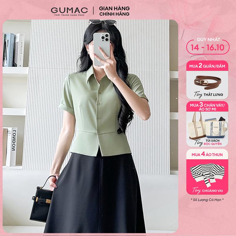 [MUA 3 TẶNG TÚI XÁCH] Áo sơ mi nữ dáng lửng ôm eo tay ngắn lai lật chéo ý dày dặn thoáng mát thời trang GUMAC LAF0518