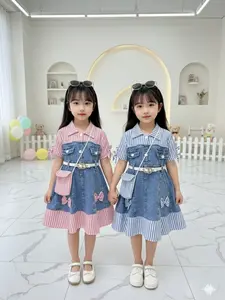 Aruna Dress Anak Perempuan Kombinasi Jeans dan katun Salur Free tas – Model Pita Lucu & Stylish