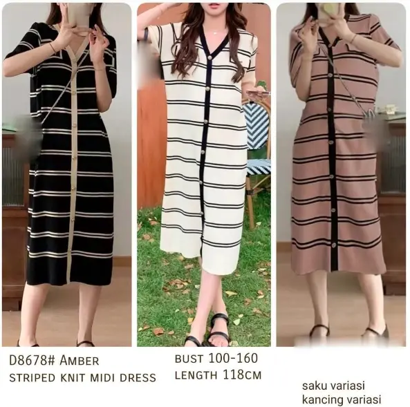 TM GAUN D8678 3M THREE M STRIPED KNITTED MIDI DRESS FASHION PREMIUM WANITA ANGGUN