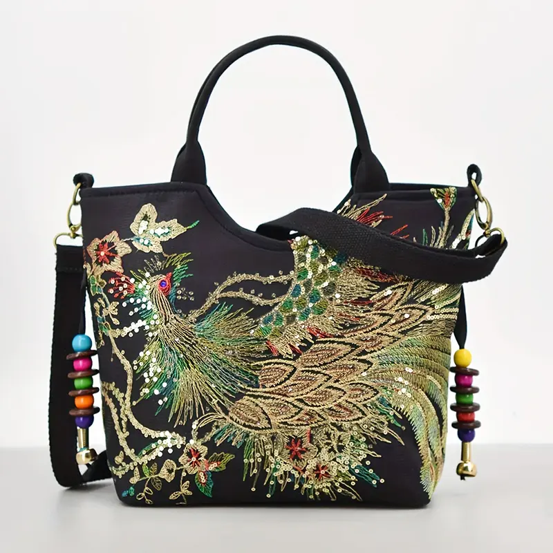SanML Bags, Ethnic Style Series, Embroidered Large Capacity Shoulder Strap Messenger Bag, Retro Canvas Embroidered Shoulder Handbag