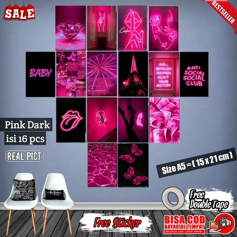 Poster Dinding AESTHETIC PINK 1 Paket isi 16 pcs - Gambar HD Jaminan Qualitas / Poster Dinding Kamar 0
