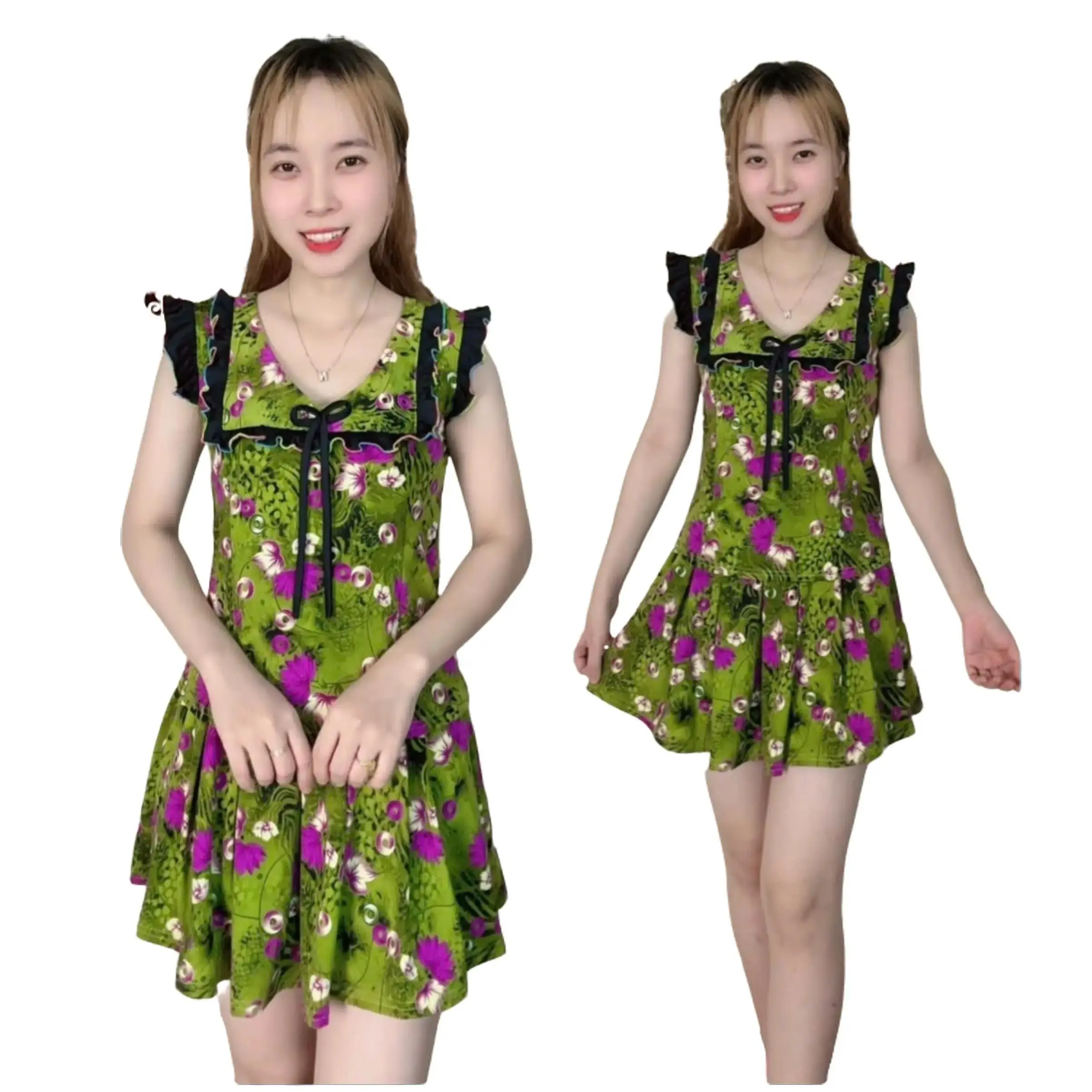 Bộ đùi váy nữ có quần phía bên trong kèm hai túi, CỔ VUÔNG BÈO ĐEN NƠ, thun aty mặc mát 38kg đến 72kg