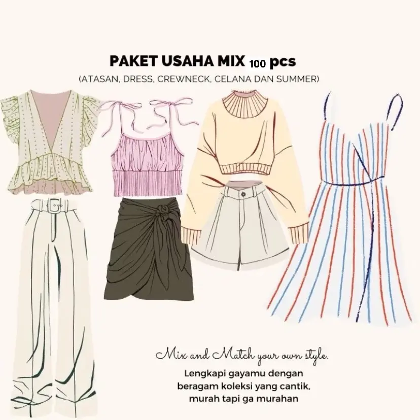Paket usaha 100pcs mix cewek atasan, dress, celana, sweater/rajut, hoodie, baju anak