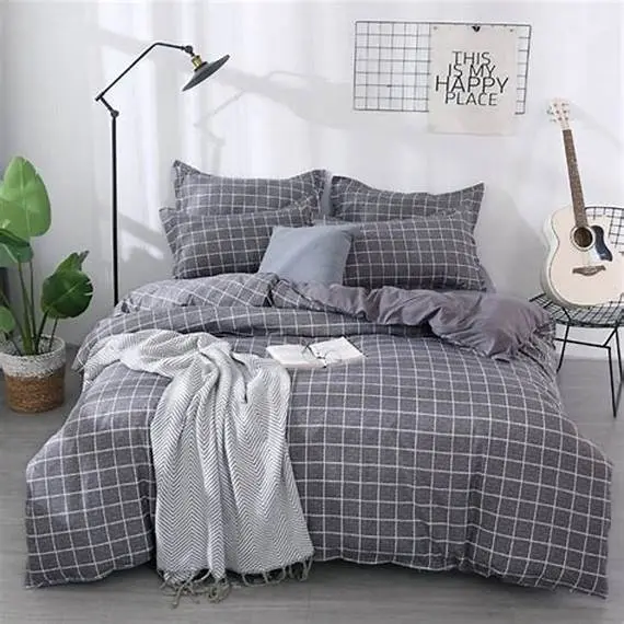 Bedcover Set Sprei Motif Kotak Abu Kombinasi Polos Abu Aesthetic | Bed Cover Bahan Katun Lembut Adem Karet