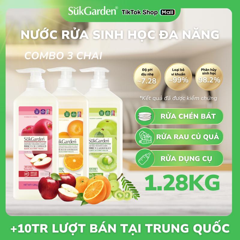 Combo 3 chai Nước Rửa Sinh Học SukGarden 1,28kg chiết xuất Enzyme thực vật - Hỗ Trợ Rửa Chén Bát, Rau Củ Quả