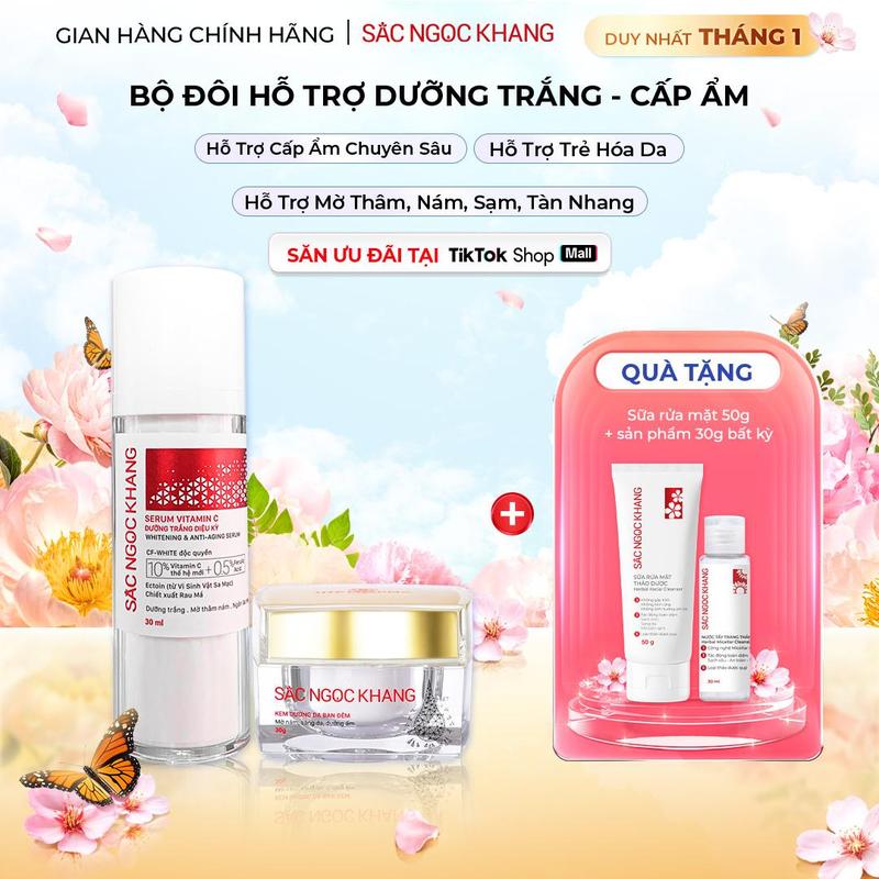  Combo Hỗ Trợ Dưỡng Trắng Da Cấp Ẩm Chuyên Sâu: Serum Vitamin C 30ML + Kem Đêm 30G Sắc Ngọc Khang - Hỗ Trợ Cải Thiện Thâm Nám Sạm Tàn Nhang Lão Hóa Da Skincare + HQ 