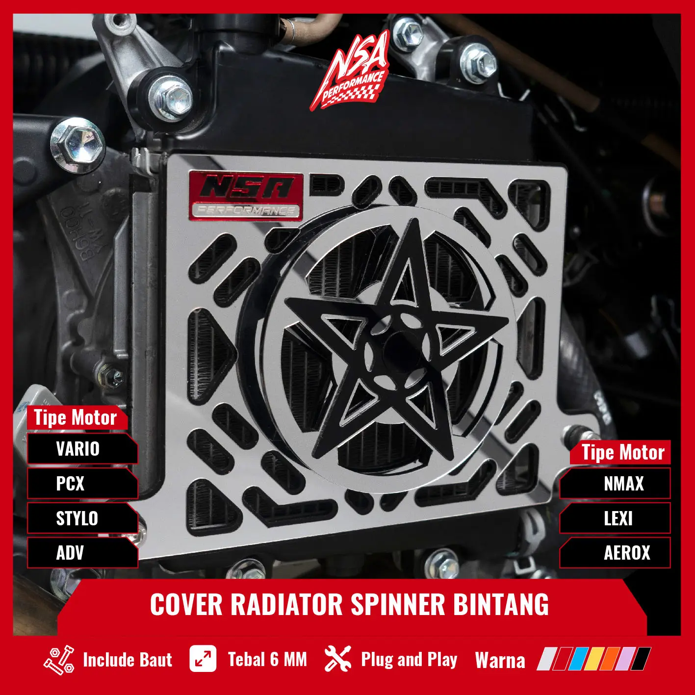 NSA COVER RADIATOR SPINER BINTANG MIRROR VARIO PCX NMAX AEROX ADV LEXI STYLO Tutup Radiator Spinner Bintang Yamaha Honda 125/150/160 Aksesoris Motor NSA PERFORMANCE Roda Motorcycle cover  radiator Gold Karet