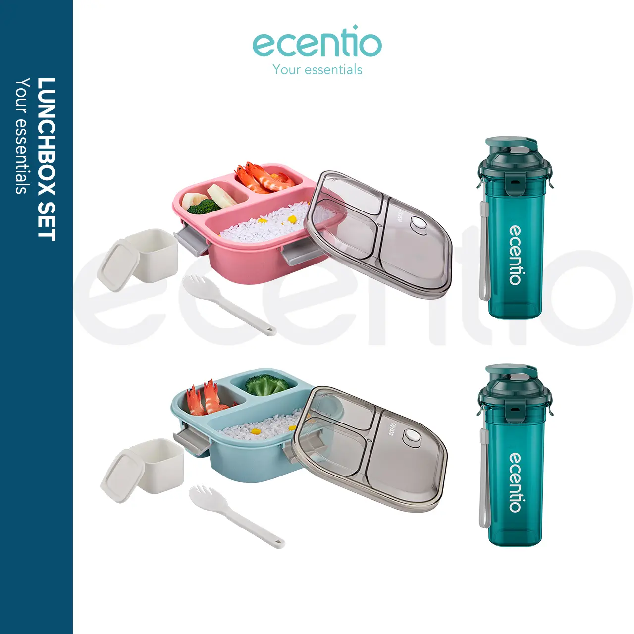 【K】【lunch box 1 set】【Anti tumpah】【BUY 1 GET 4】ecentio lunch box kotak makan 2pcs + botol 500ml 2 pcs Kitchenware