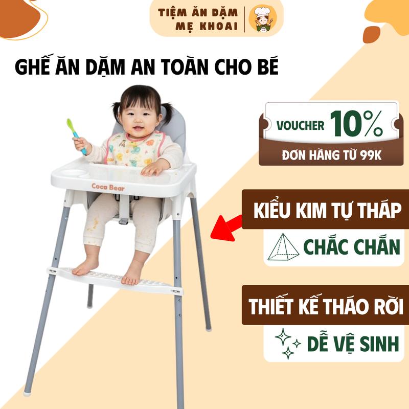 Ghế Ăn Dặm Cho Bé Coco Bear Kèm Bàn Ăn, Đệm Ghế, 2 Tầng Chỉnh Cao, Dây Đai An Toàn, Gấp Gọn Tiện Lợi