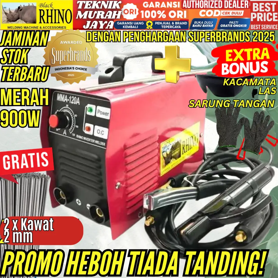 RHINO Mesin Las MMA 120A MERAH HEAVY DUTY 900 Watt Mesin Trafo Travo Las Inverter MMA 120 A 900 Watt