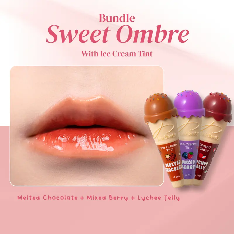 Jessie Beauty Bundle Sweet Ombre : Ice Cream Tint (Melted Chocolate - Mixed Berry) & Glazed Gloss (Tanghulu / Lychee Jelly) Bibir  Liptint 2