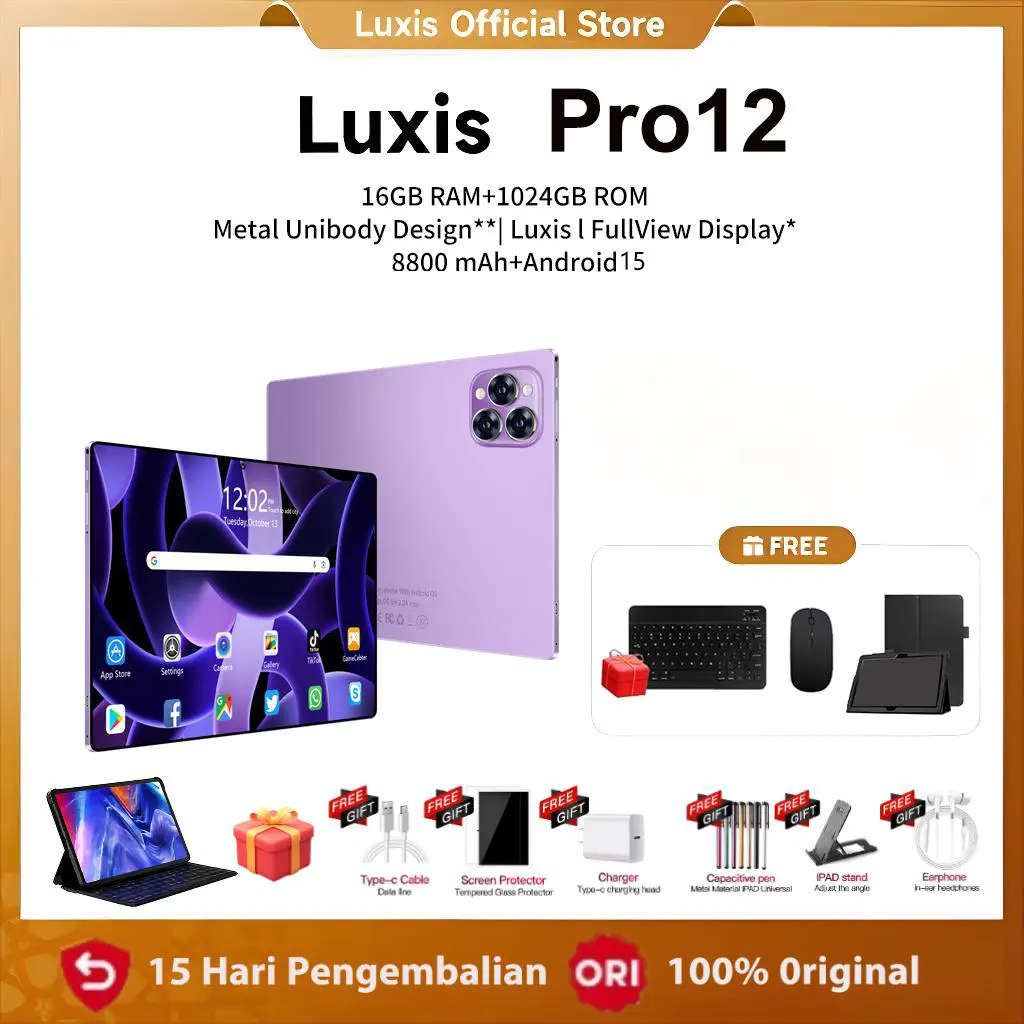 Tablet PC Tab Luxis Pro12 Original Baru 2026, 11,6 inci, baterai 8800mAh, memori 16GB+1TB, tablet PC pembelajaran cerdas 5G, tablet PC pelajar, layar warna definisi tinggi, obral cuci gudang, harga murah.