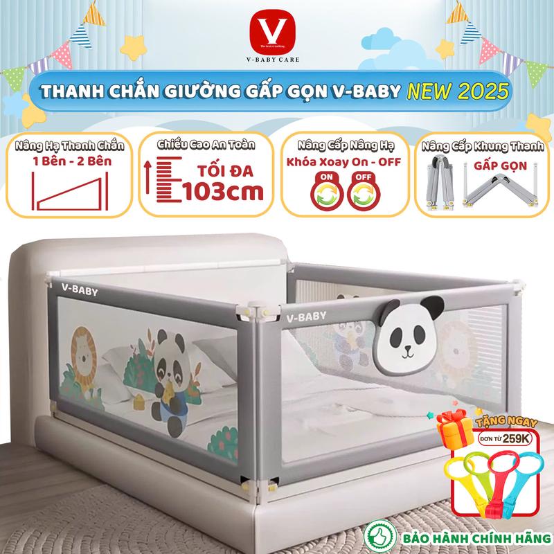 Thanh Chắn Giường Cho Bé Gấp Gọn, Không Lắp Ráp, Mẫu Cao Cấp V-BABY N3 NEW 2025 , Thanh Chắn An Toàn Cho Bé
