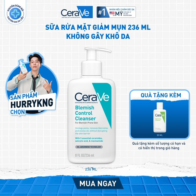 [DEAL HOT] Sữa rửa mặt giảm mụn CeraVe Blemish Control Cleanser 236ml. Sữa rửa mặt dịu nhẹ giúp làm sạch bã nhờn dư thừa, giúp giảm mụn, không làm tổn thương hàng rào bảo vệ da. DÙNG CHO DA MẶT_ Chăm sóc da_Skincare cho Nam và Nữ_Cleansing