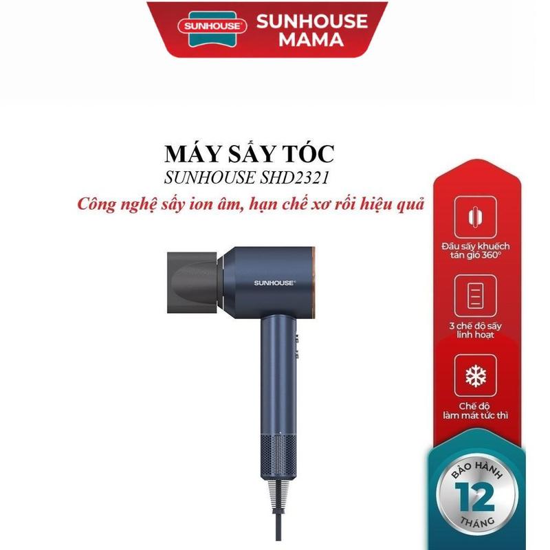MÁY SẤY TÓC SUNHOUSE SHD2321, Công suất 1500W, Công nghệ sấy ion âm, 3 tốc độ gió, 4 mức nhiệt độ