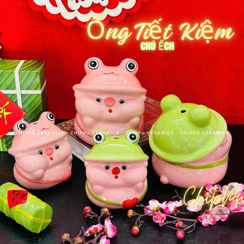 Heo tiết kiệm Lợn đất Heo sứ Ống heo tiết kiệm bằng sứ kiểu dáng chú Ếch siêu dễ thương - LỖ TRÒN