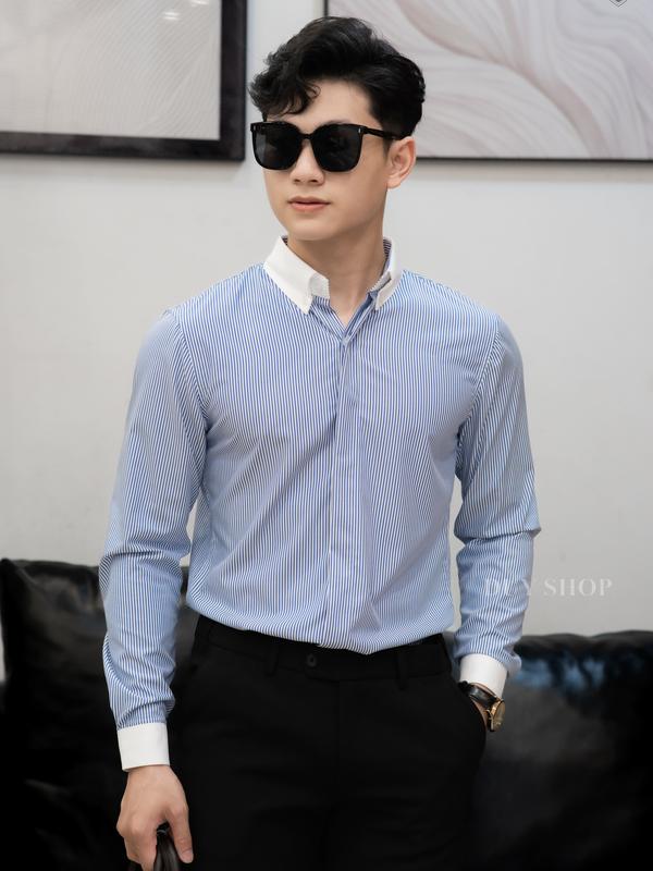 Áo sơ mi nam kẻ sọc dọc 2 màu xanh ghi thanh lịch size đến 100kg DuyShop-228 Menswear