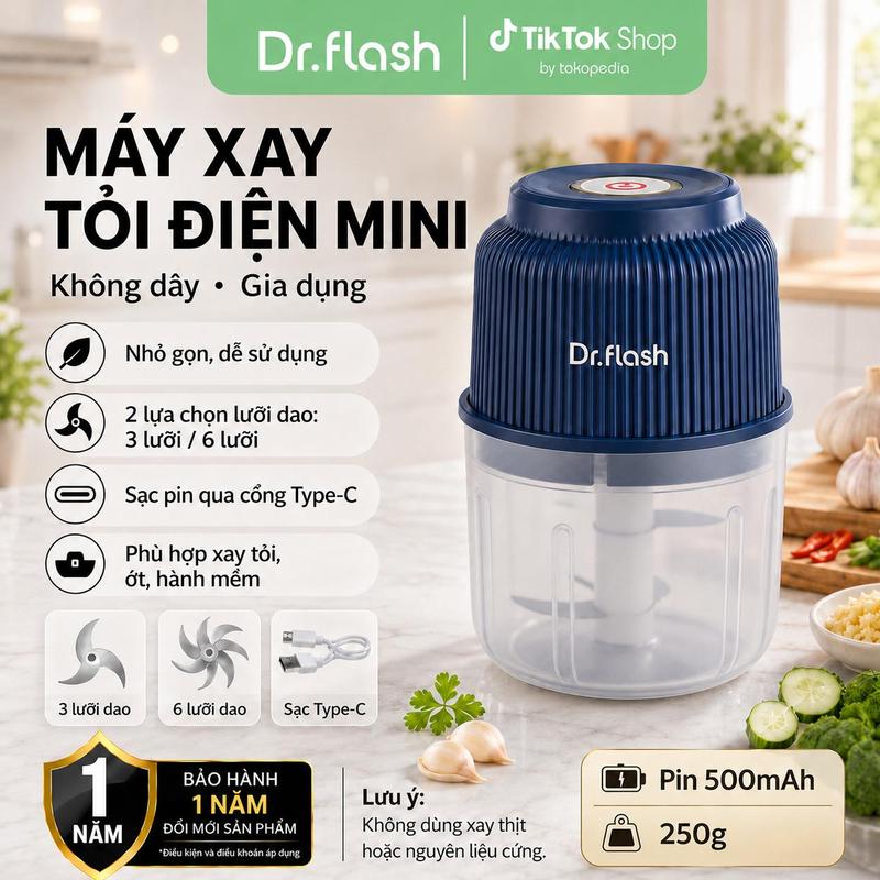 Dr.flash  Máy xay tỏi điện mini gia dụng – không dây – pin 500mAh – 250g