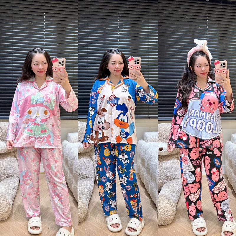 [THUN BỘT 5D] Đồ bộ nữ mặc nhà pijama tay dài bigsize Phương Tipi chất liệu thun bột lạnh Women Nhung Áo Ngủ Quần Ngủ