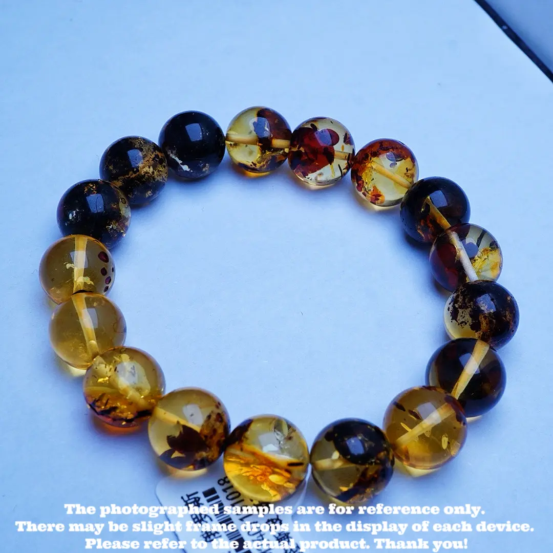 Natural Flower Amber and Beeswax Round Bead Bracelet