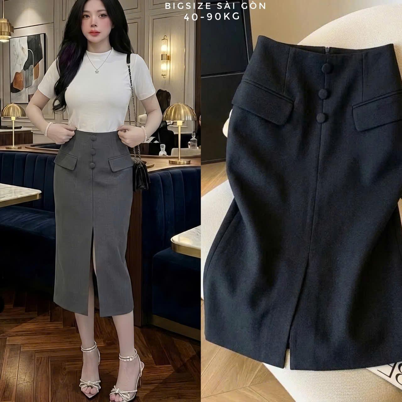 Thời Trang Bigsize Chân Váy Phối Xẻ Tà Trước Vải Tuyết Mưa Cao Cấp Cho Nàng 40 - 90Kg Nữ Thời Trang Béo Xinh - A.1747
