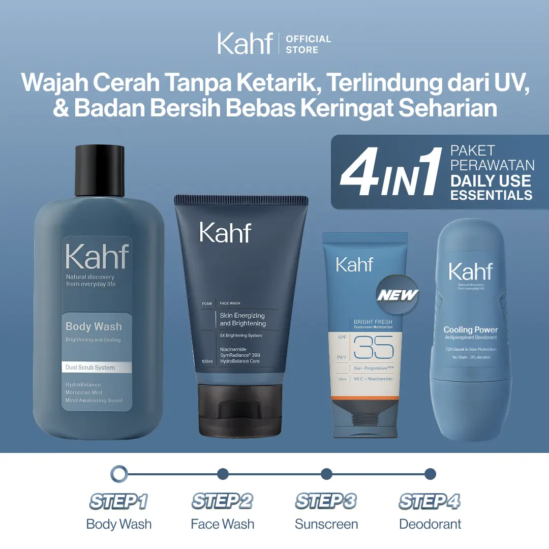 KAHF PAKET PERAWATAN DAILY USE ESSENTIALS BUNDLE 4IN1 PERSONAL CARE SET - Face Wash, Sunscreen Moisturizer, Body Wash, Deodorant - Wajah Cerah Tanpa Ketarik & Badan Wangi + Bersih Seharian