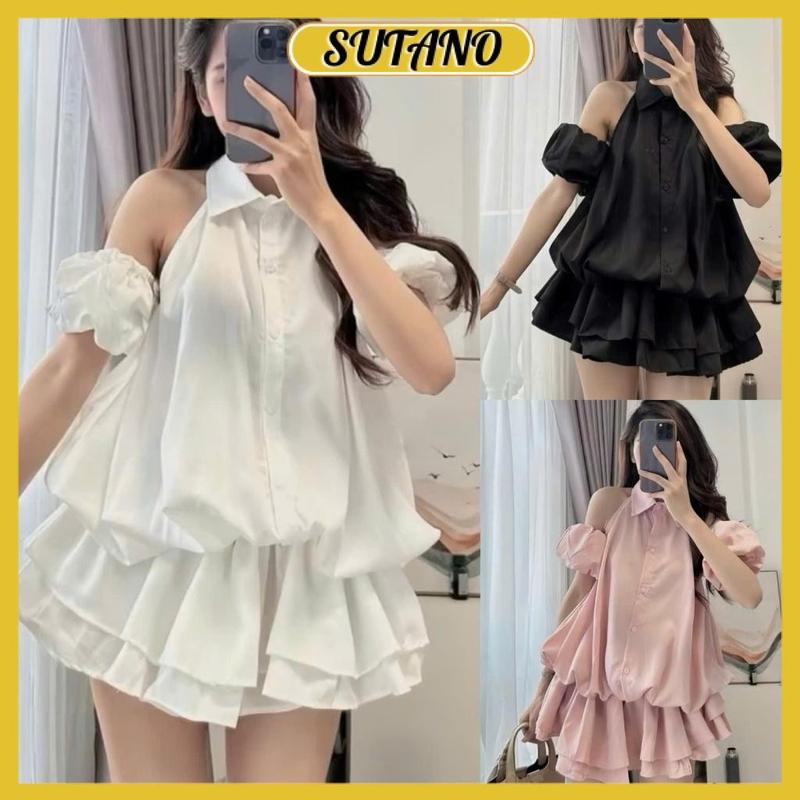 [MẶC ĐƯỢC 2 KIỂU] Váy nữ đi chơi , váy sơ mi khoét vai bo eo dáng xòe kèm tay bo rời V16 - SUTANO
