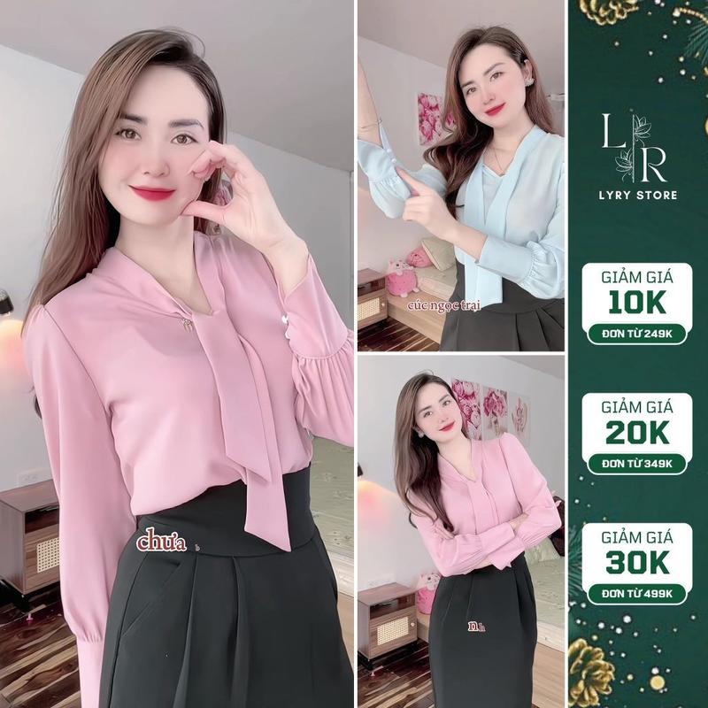 LYRY Áo Sơ Mi Lụa Cao Cấp S44, Áo Sơ Mi Nữ Tay Dài Cổ Nơ, Chất Liệu Vải Lụa Tằm Ý Mềm Mịn, Phù Hợp Mọi Hoàn Cảnh - Màu Xanh Pastel & Hồng