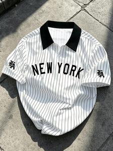 メンズ 夏用 レトロ ニューヨークプリント ストライプ ポロシャツ、ルーズ カラーブロック襟 半袖、トレンディ カジュアル ベースボールスタイル トップス