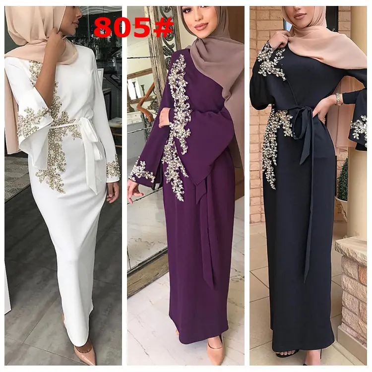 Abaya Arabian lace beaded maxi dresses Muslim Baju Muslimah robe women wear dress
