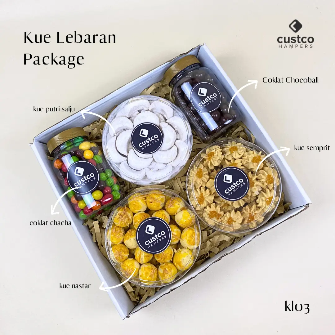 Hampers Kue Lebaran Premium + Cokelat | KL03 | Custco Kue Kering | Parcel Kue Kastangel | Kue Putri Salju