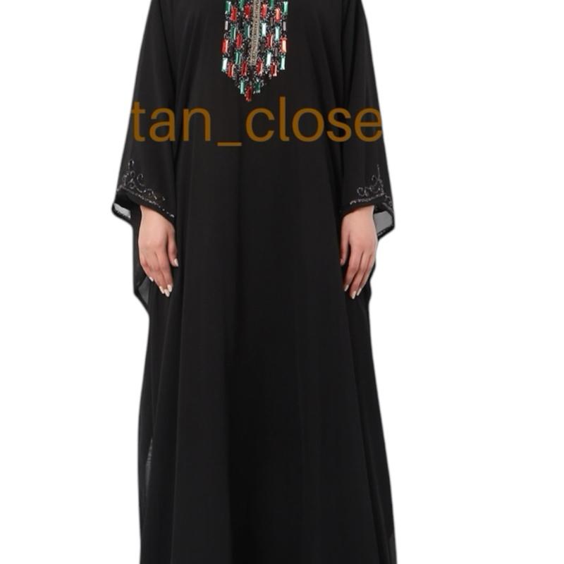 Kaftan Closet SG- Marbella available pistachio green, black & taupe with a fusion contrast style stonework handbeaded custom made kaftan. 1