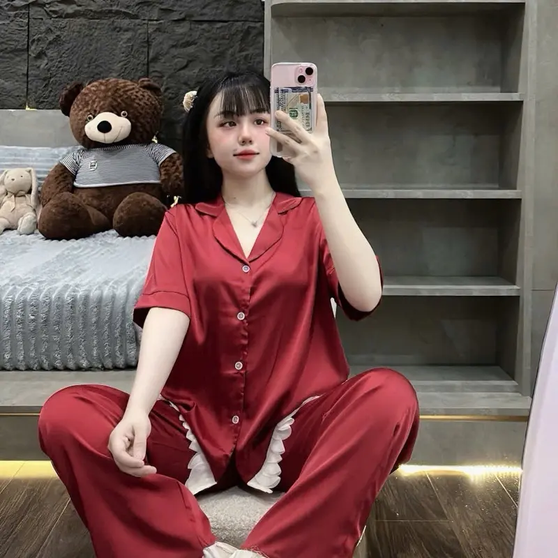 Bộ đồ ngủ nữ Tay ngắn quần dài Chất Lụa Latin lai phối vây đuôi cá Freesize 40-60kg Women