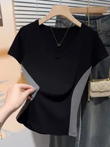 Hitam kaos oblong keren warna-warni dengan kerah V-neck berulir untuk wanita, atasan chic bahu lurus lengan pendek retro high-end baru  cewek Polos Baju