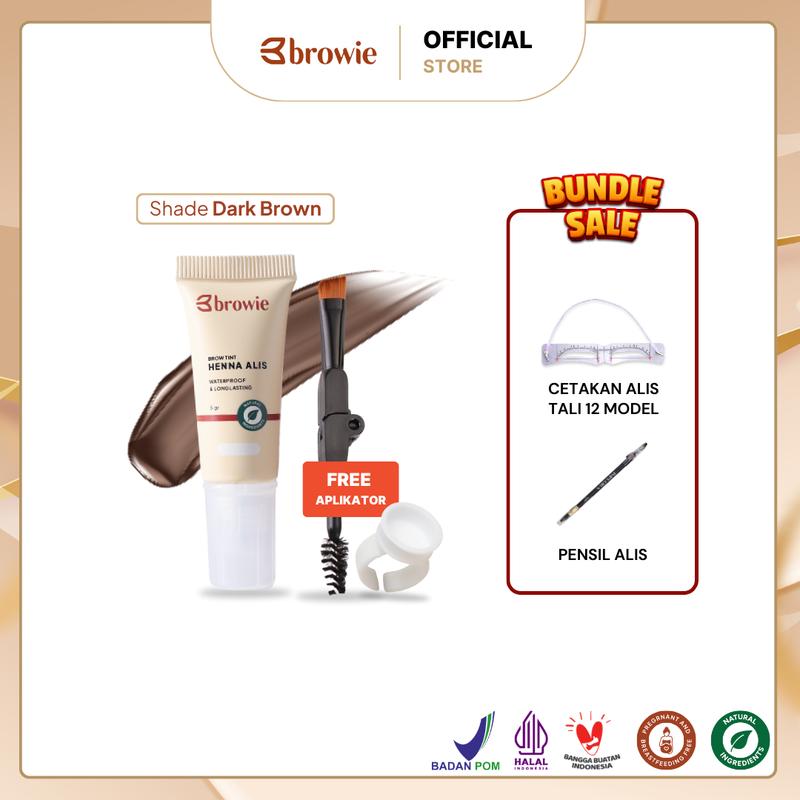 Dark Brown - 10GR - [BPOM & Halal] browie Brow Tint Henna Alis + Pensil Alis + Cetakan Alis Tali | Eyebrow Gel Waterproof & Longlasting Coklat (Ini henna alis bukan Powder alis) 0