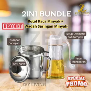 〖ZEY〗 Paket Murah Tempat Minyak Kaca 630ml + Oil Pot Stainless Steel 1 L / 1,3 L - Wadah Minyak Anti Tumpah & Anti Karat saringan goreng