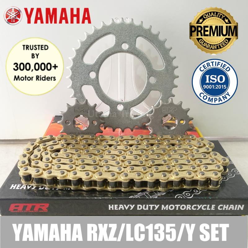 Product Introduction of (SMP X MTK  HEAVY DUTY 428) YAMAHA RXZ/ SS/ LC135/ Y125ZR/ Y110/ Y100/ Y75/ Y80 Front+Rear Sprocket+Gold Chain Motor Combo Set Hardened S20C Carbon Steel Heavy Duty Fine Blanking Technology Alloy Motorcycle Silver 45