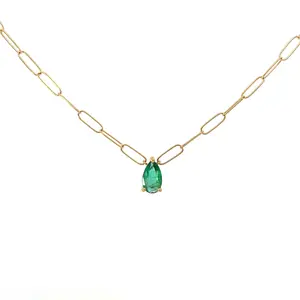 TDA Pear Cut Green Emerald Paperclip Necklace Kalung Emas Berlian Wanita Asli