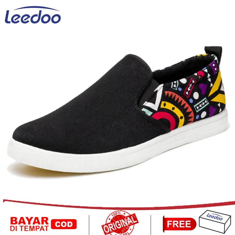 Leedoo Sepatu Slip On Casual Sepatu Kanvas Pria Sepatu Slop Patterns Hitam MC315 0